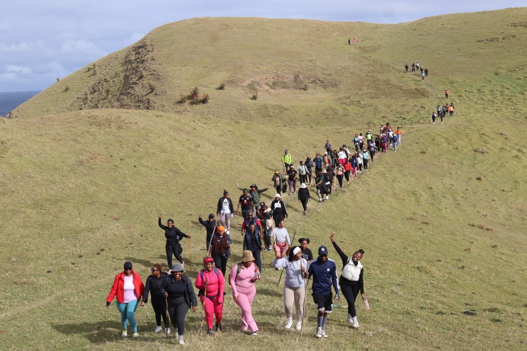 Large group hiking on a hillside